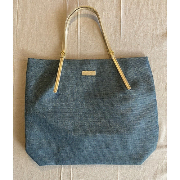 Lancome Paris Duffle Shoulder Bag Blue Gold Metallic Fibers Adj Strap Travel Bag - Picture 1 of 10